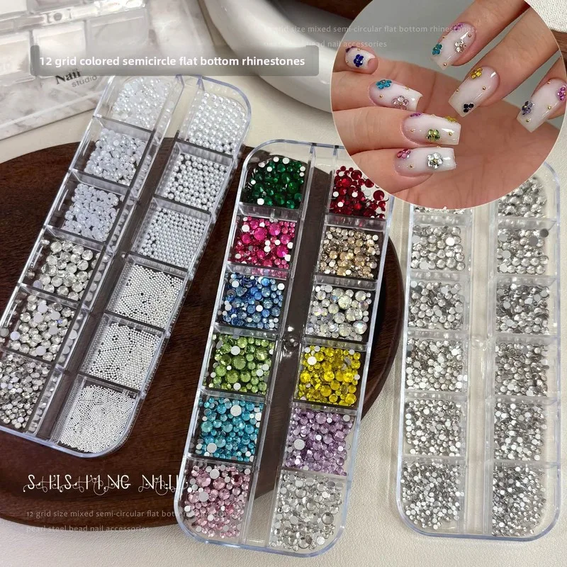 LYLE 12 Grid Colorful Glass Flatback Rhinestones Pearl Steel Ball Mixed Bling Wearable Nail Art Charms Jewelry Set Cross Borders