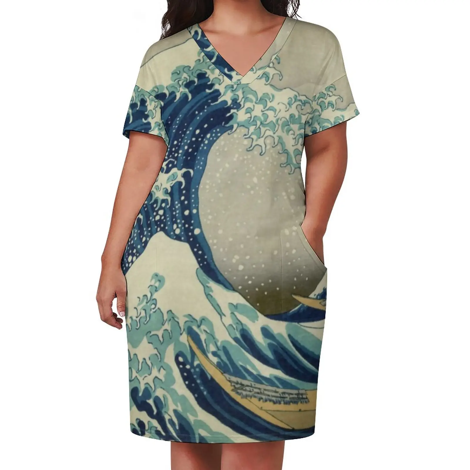 ภูเขาชุดลำลองฤดูร้อน Great Wave Off Kanagawa ชุดน่ารักหญิง V คอกราฟิก Street Gaun Modis Plus ขนาด5XL