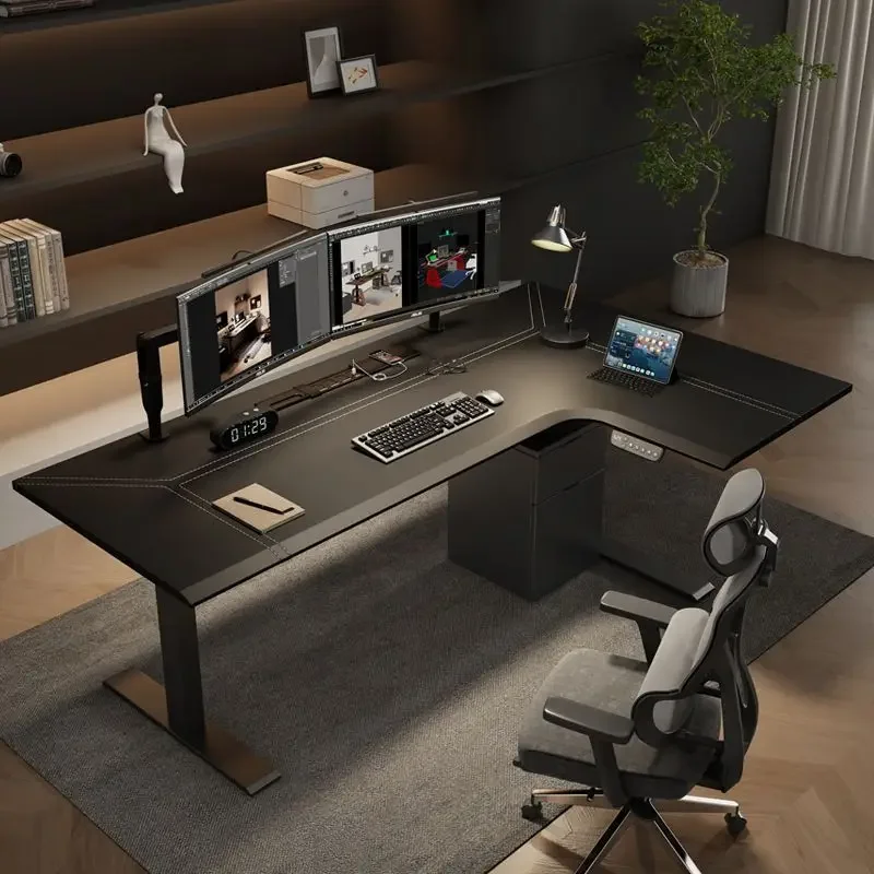 Corner electric lifting table L-shaped corner leather workbench desk home e-sports computer desk