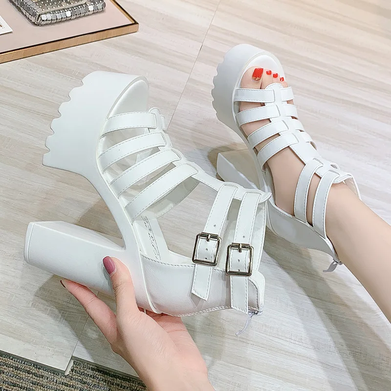 Spring and Summer Super High Heel 15CM Dance Catwalk Performance Women Shoes Thick Sole Waterproof Platform Rear Zipper Sandals