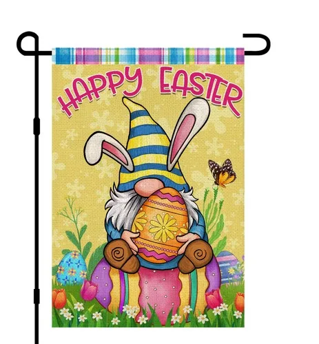 Happy Easter Gnome Garden Flag Burlap12x18 Inch Double Sided Outside, Spring Flo XXM