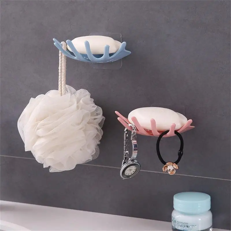 Soap Dishes With Hooks Wall Mounted Drain Soap Holder Bathroom Self Adhesive Soap Dish Plastic Container Bathroom Accessories