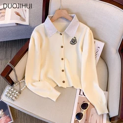 DUOJIHUI Polo Neck Fake Two Piece Sweater Women Cardigan Basic Simple Casual Spell Color Fashion Single Breasted Female Cardigan