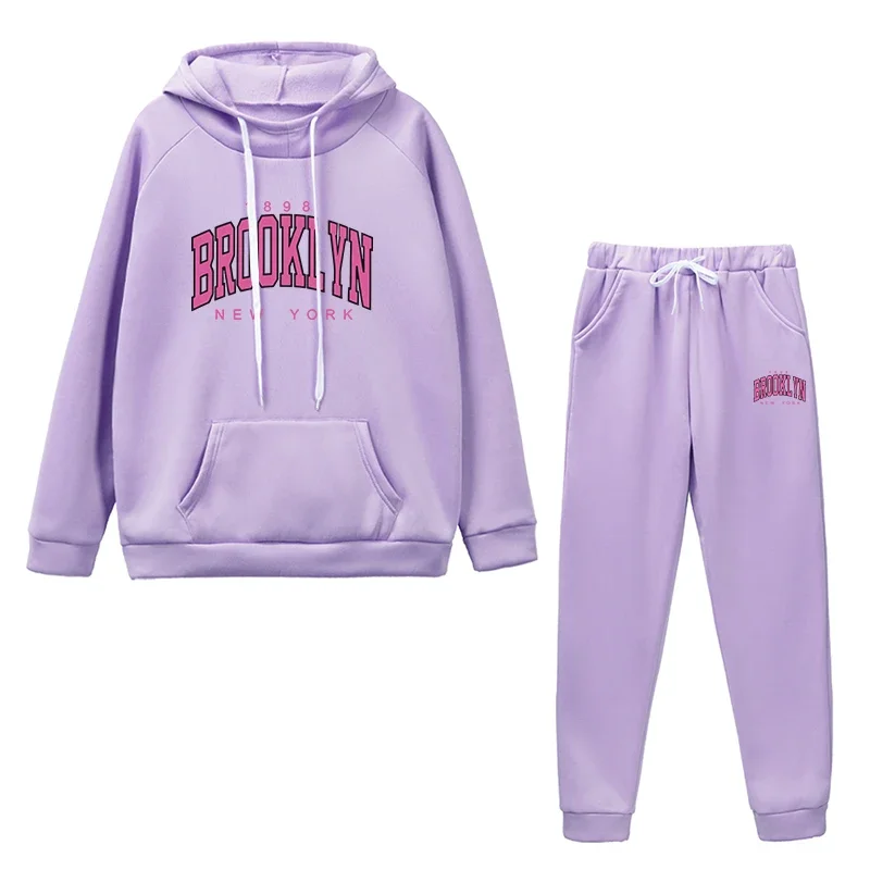 الوردي بروكلين أغطية رأس مطبوعة وسراويل رياضية نسائية للخريف والشتاء بدلة عدو رياضية غير رسمية للفتيات أزياء حضرية ملابس دافئة