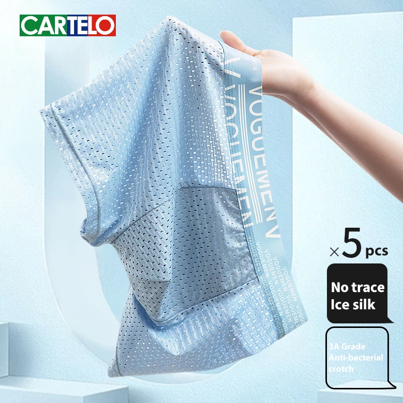 Cartelo Ice Silk Men Boxer 3A Graphene Antibacterial Underwear Solid Underpant Light Fast Dry Breathable Cool 5pcs Male Panties