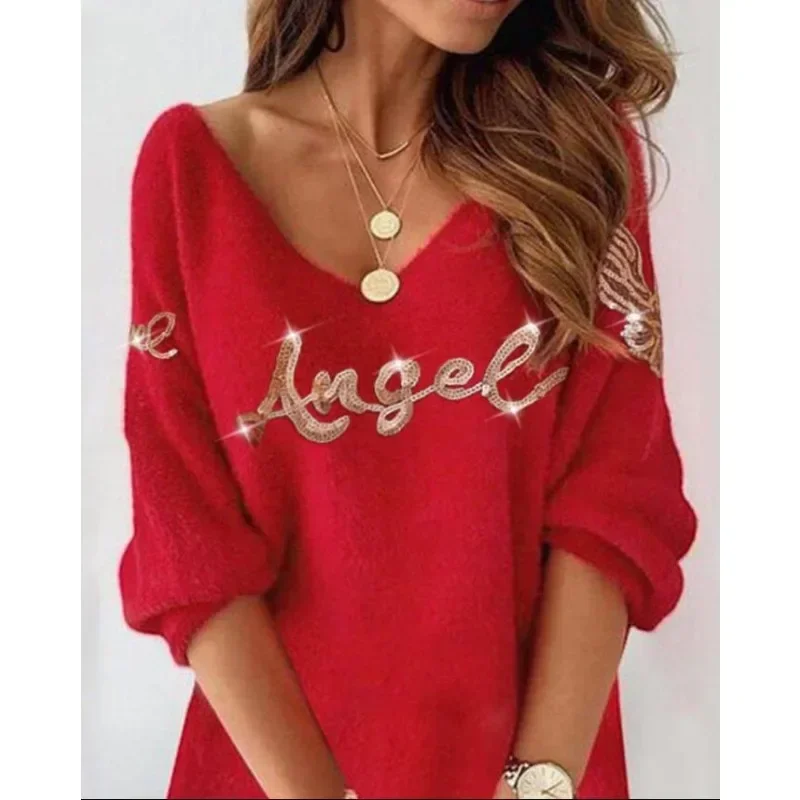 Trend Sequin Decoration Dress Women Casual Dresses Solid Color Angle Wings Pattern Short Sleeve Loose V-neck Casual Dress