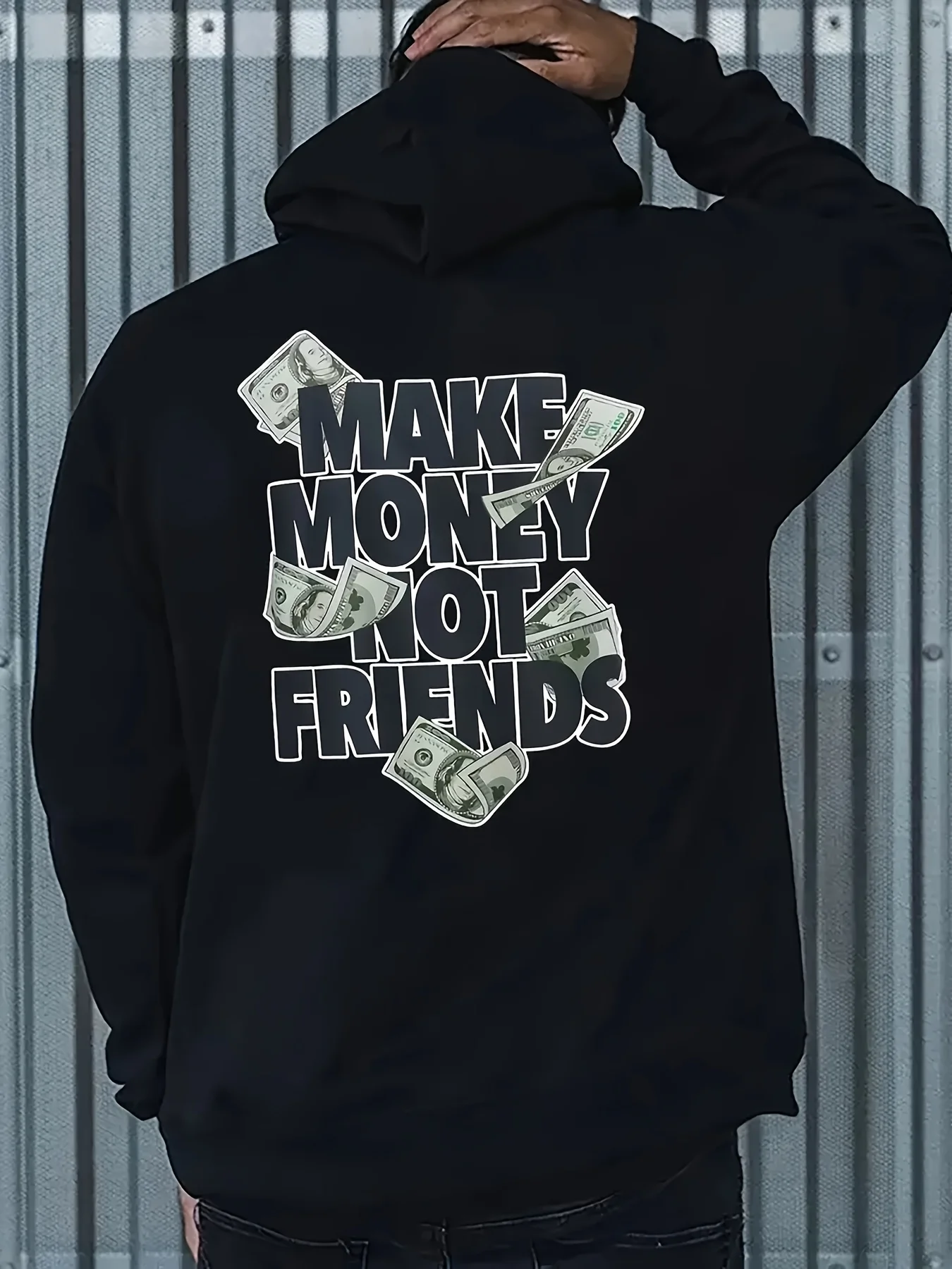 Trendy banknote-text men's hooded sweatshirt with motivational slogan printed on the back and kangaroo pocket hooded cap