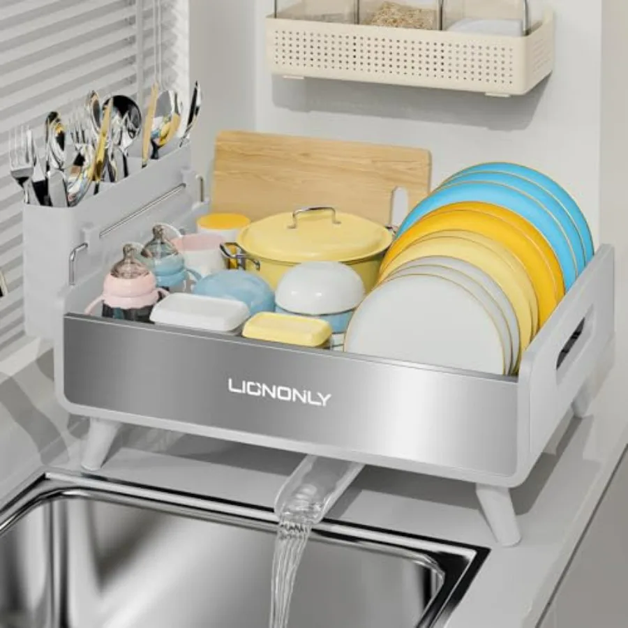 

Dish Drying Rack with Thicker Premium Aluminum Frame and 304 Stainless Steel Plate for Kitchen Counter Automatic Drainage Spout