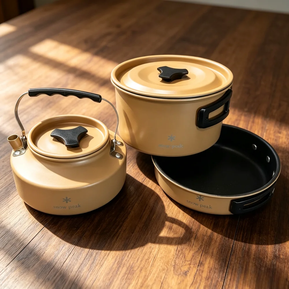 snow peak Camping Cookware Set Pot Frying Pan Kettle Fold Handle Nested Aluminum Mess Kit Outdoor Travel Hiking Picnic Camping