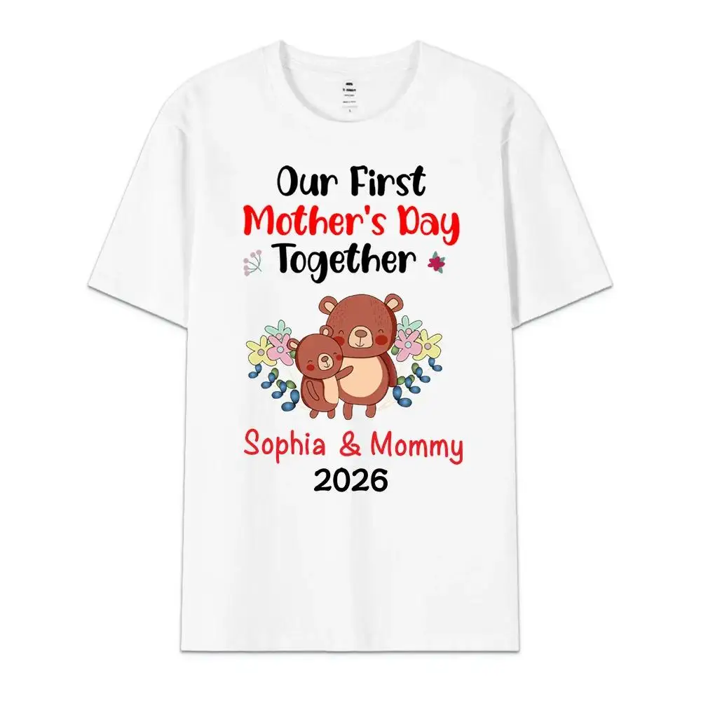 

Custom Animals Pattern Mother Day Gifts T-Shirt Our First Mother's Day Mom & Baby Matching Name Date Design 100% Cotton Shirts