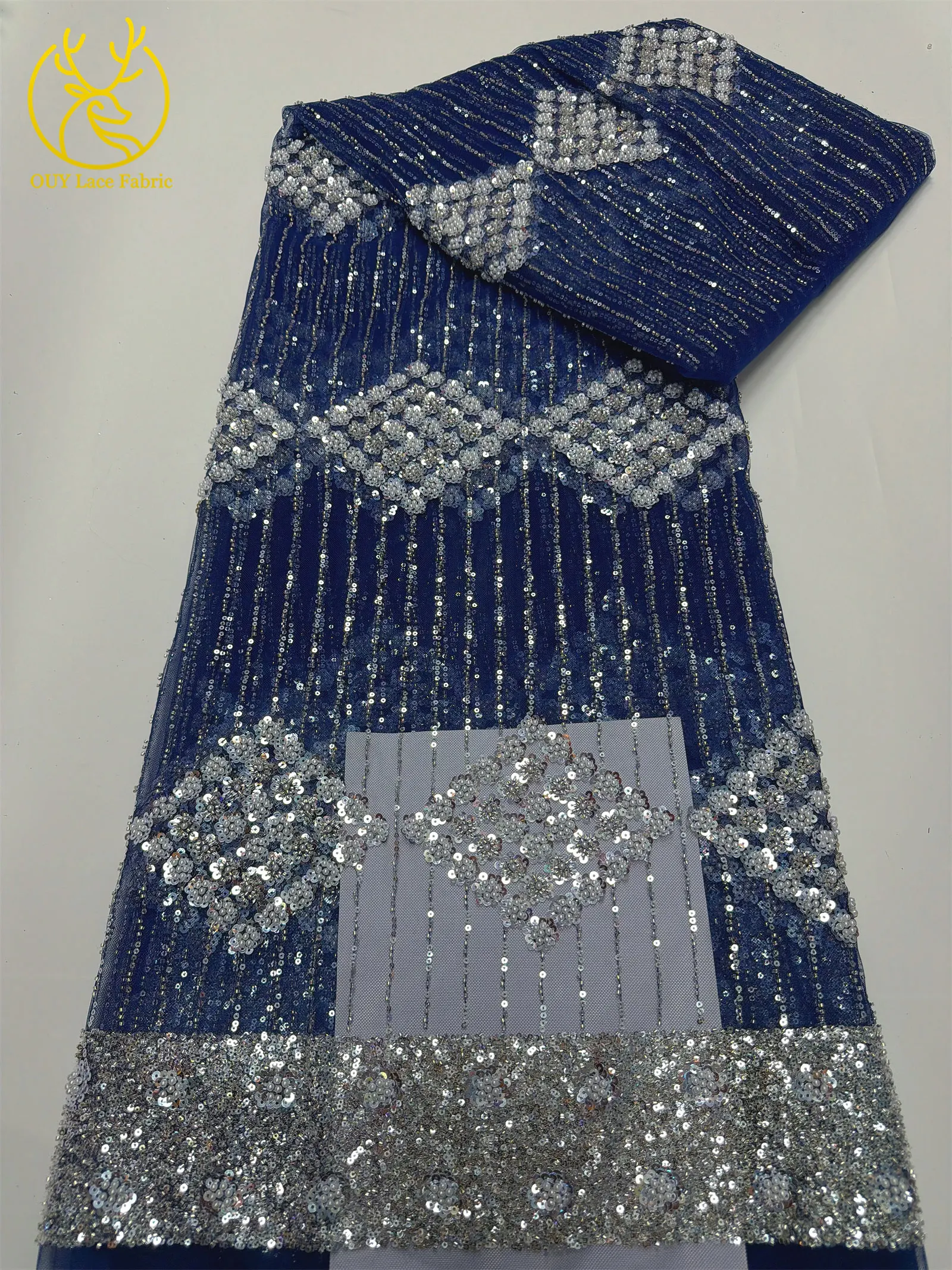 Eleganter, modischer afrikanischer Spitzenstoff mit Perlen und Pailletten, 2026, neues Design, französischer nigerianischer Tüll-Spitzenstoff für Abschlussball- und Partykleider, 5 Yards – Detail 8