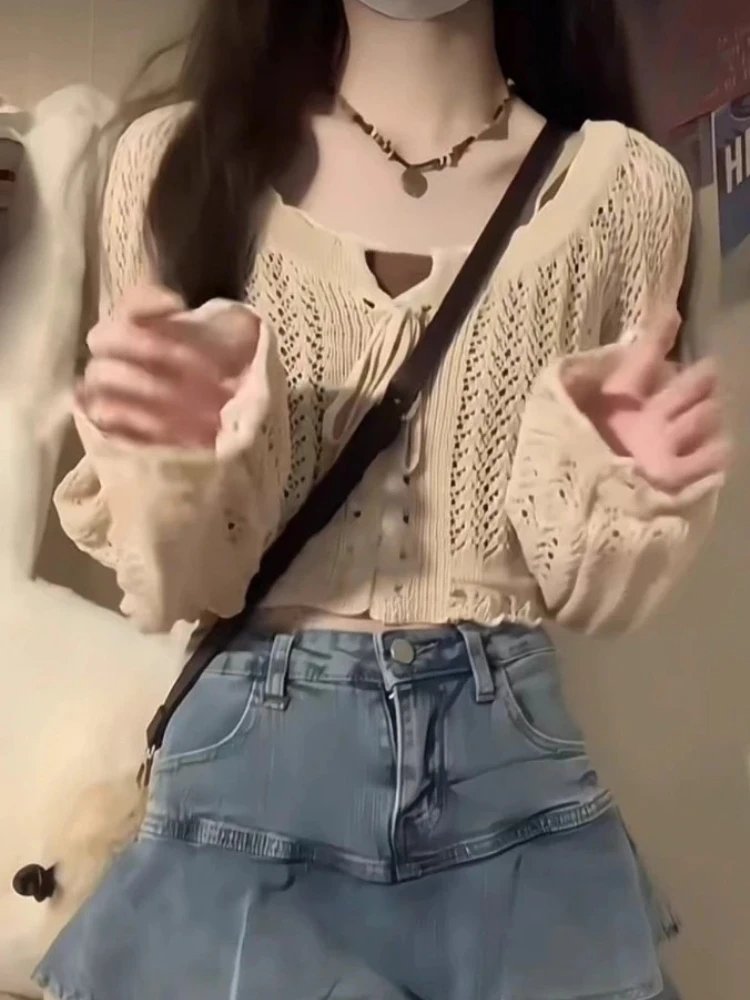 

Cardigan Women Preppy Style All-match Knitted Simple Ins Lady Solid Basic Summer Popular Hollow Out Sweet Fashion Crops Korean