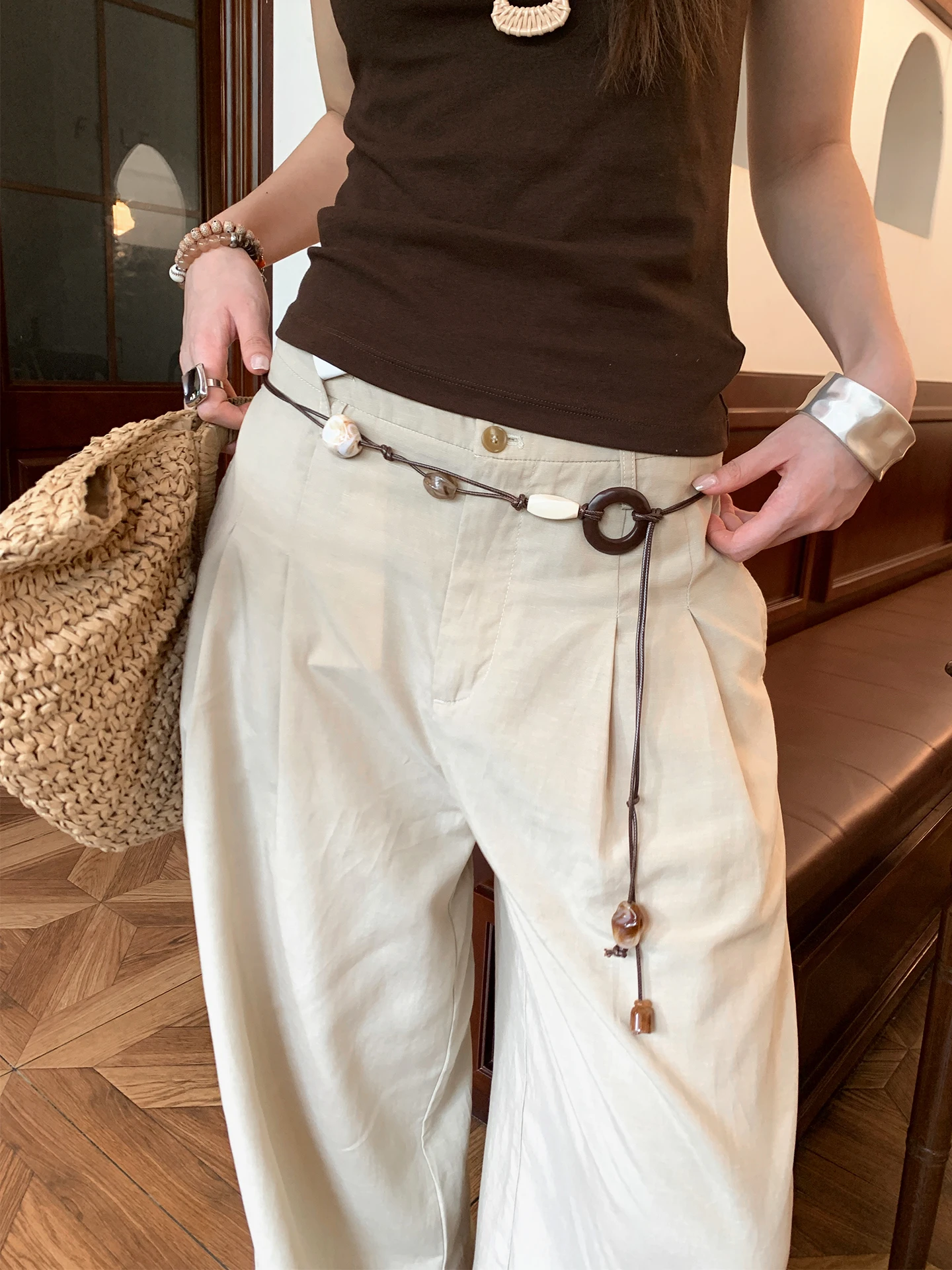 Bohemian Style Handmade Beaded Wooden Round Buckle Waist Rope Women's High-End Decorative Waist Chain Matching Jeans With Belt
