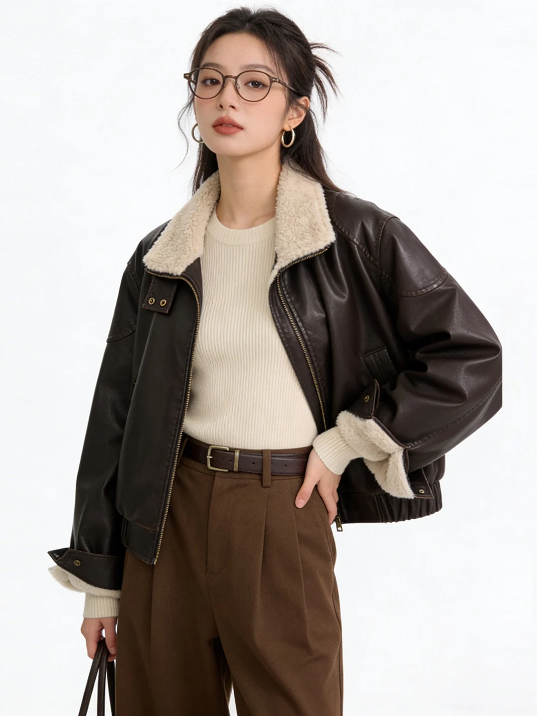 Ele PU-Lederjacke im Motorradstil für Damen, verdickt, warm, locker, kurzer Mantel aus Baumwollmischung mit Reißverschluss und Kragen