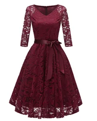 Sexy long-sleeve lace dresses with V-neck and lace-up sold well in spring 2022