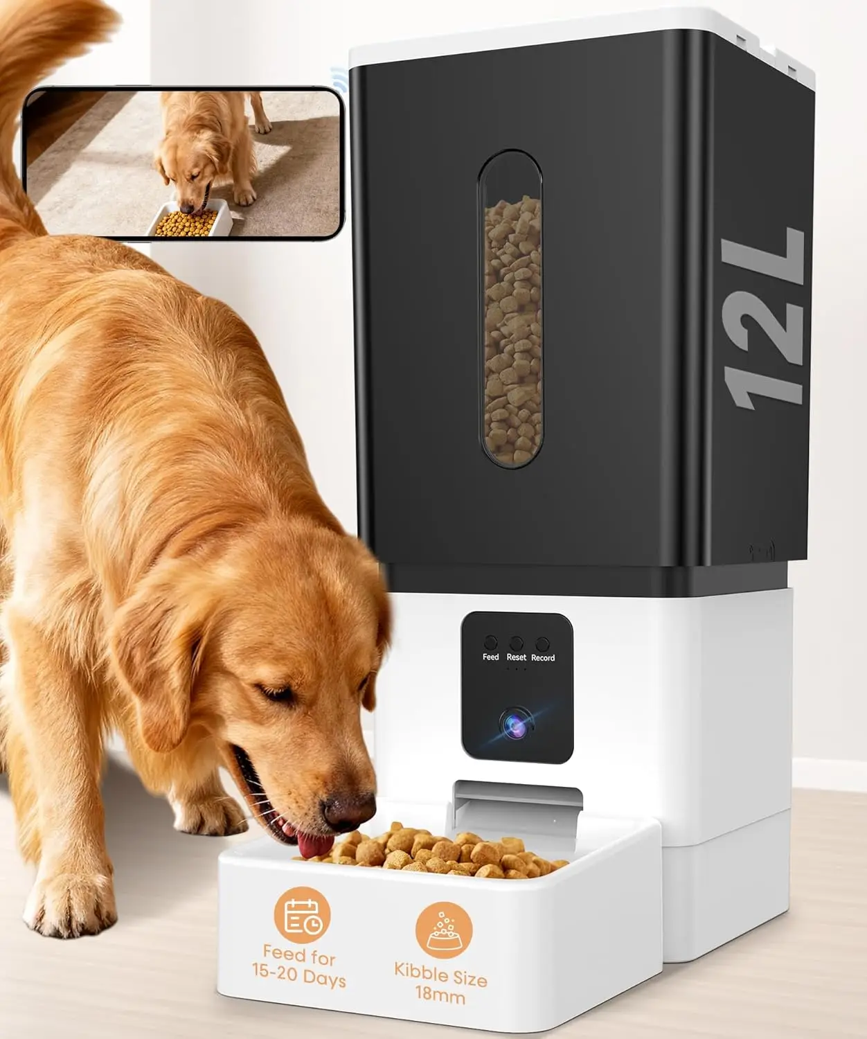 Large Automatic Dog Feeder with Camera: 12L Capacity, HD Video, WiFi Control for Busy Owners
