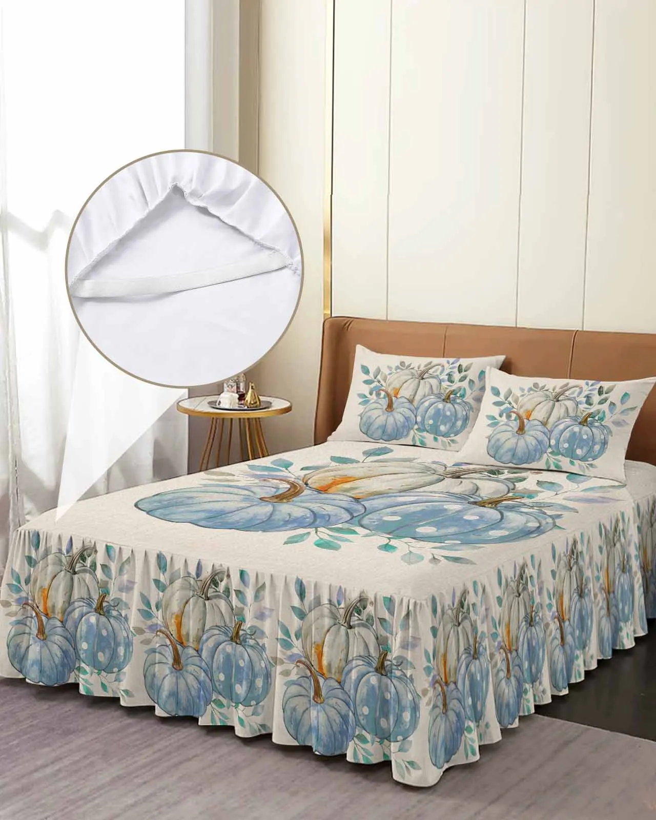 

Autumn Thanksgiving Pumpkin Skirt Elastic Fitted Bedspread With Pillowcases Mattress Cover Bedding Set Bed Sheet