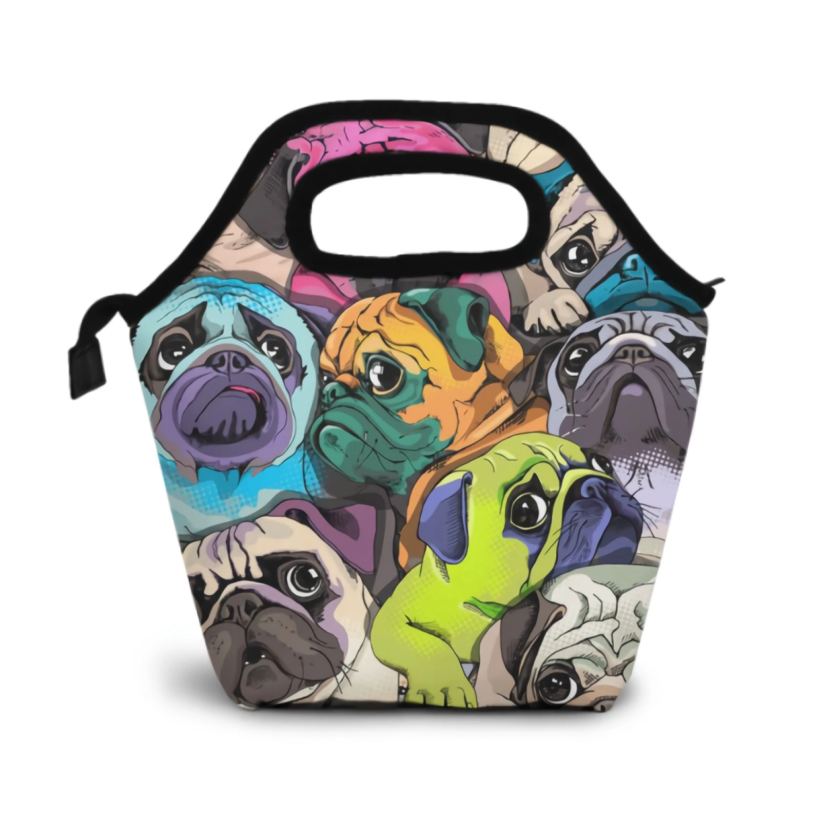 Pug Lunch Bag Colorful Dog Pet Insulated Cooler Portable Cartoon Animal Face Lunch Box Zipper Picnic Handbag for Work School