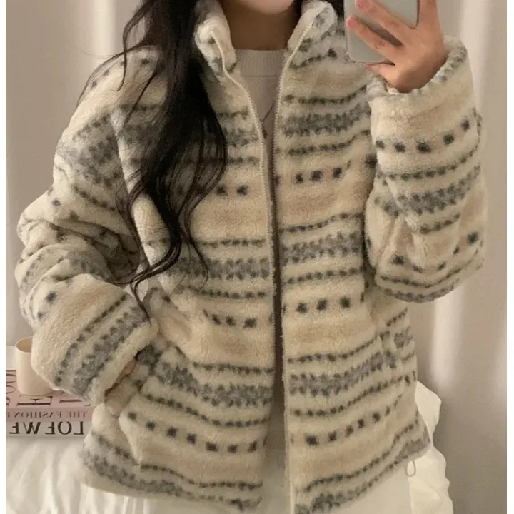 레트로 대비 색상 자수 스탠드 칼라 지퍼 자켓 양털 여성용 시크 디자인 따뜻한 면 외투