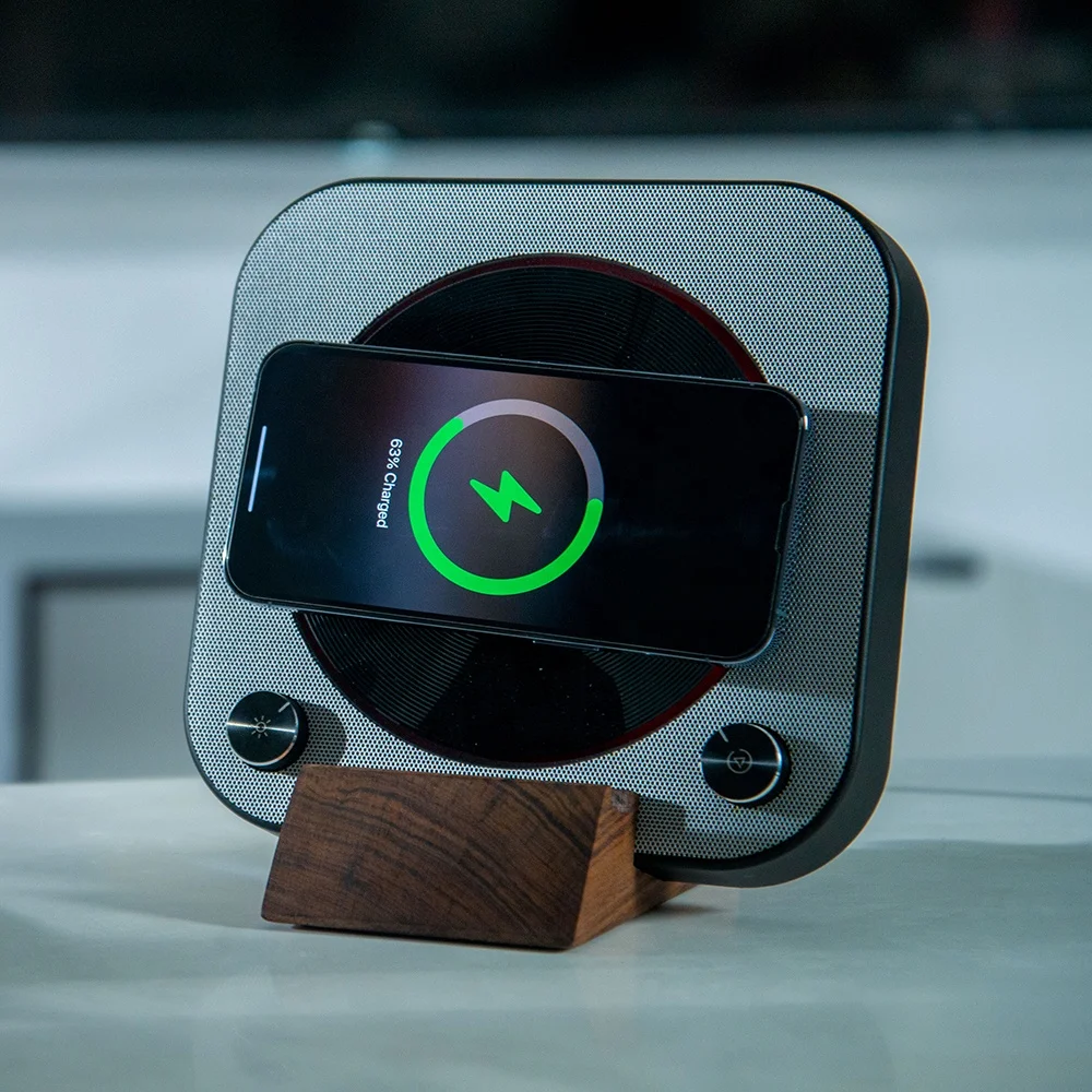 

2022 New Arrival Gadget Trending Product BT Music Box CD Player with Wireless Charger RGB Night Lamp Analog Clock and Wood Base