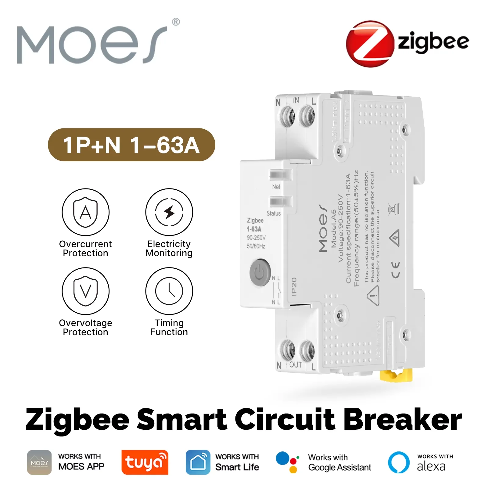 MOES Tuya Zigbee disjoncteur intelligent 63A avec jeu de seuil d'alarme moniteur d'électricité ignifuge contrôle V0 via application A