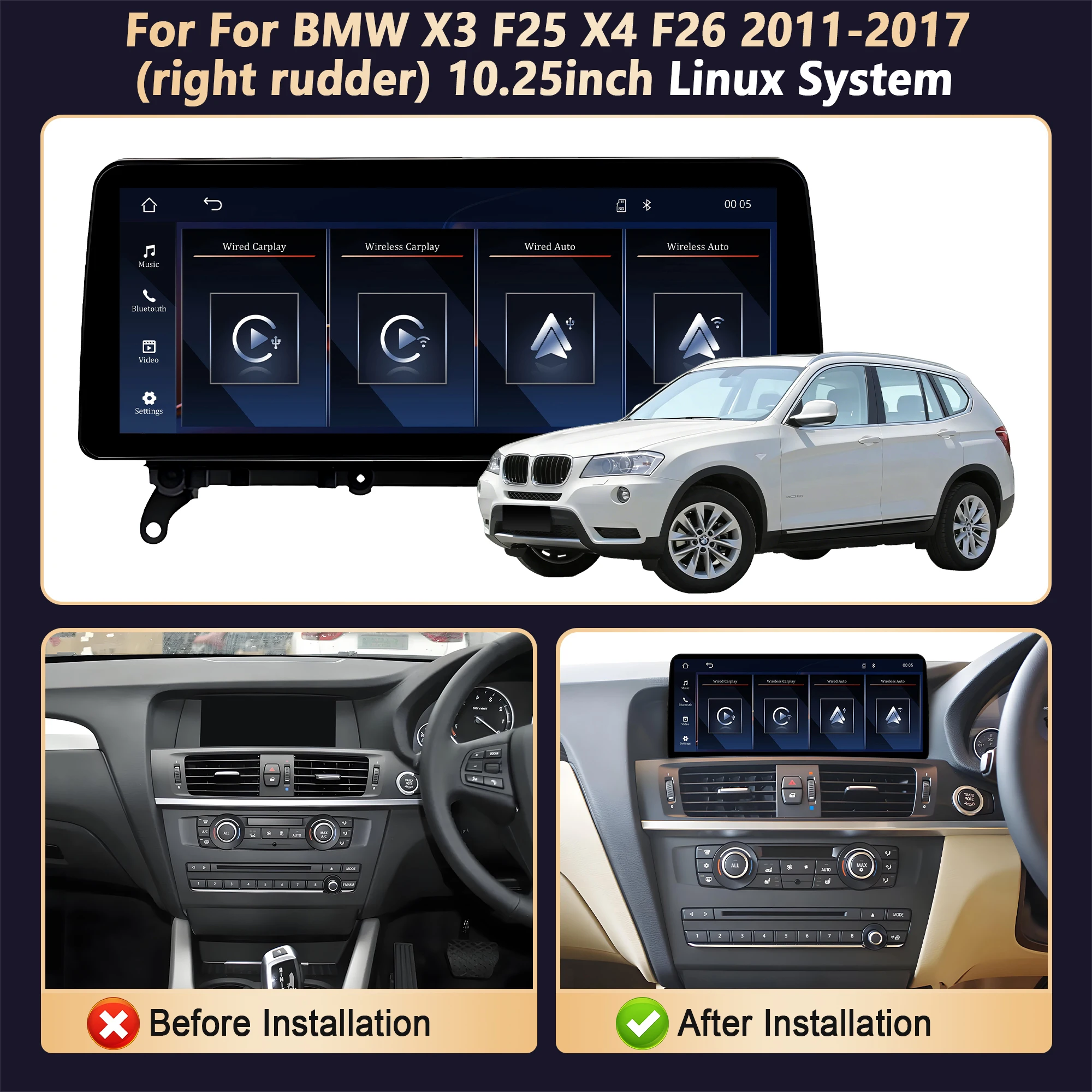 For BMW X3 F25 X4 F26 2011-2017 Linux Multimedia Screen Wireless Bluetooth Carplay Android Auto Head Unit for Enhanced Car Ent