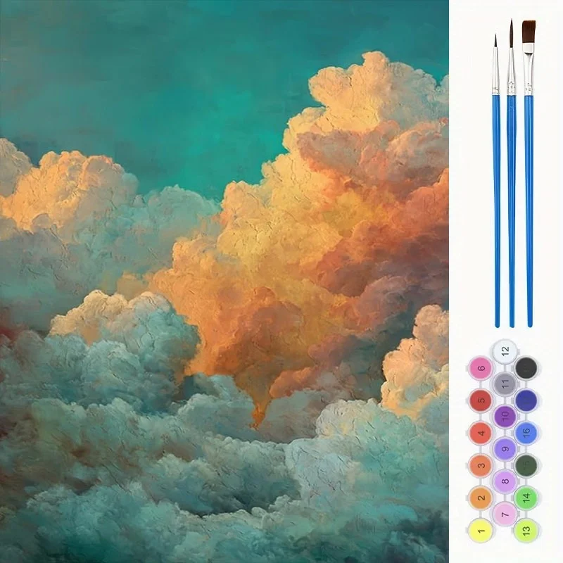 (No frame)2D Canvas Oil Painting, Beginner-Friendly, Multiple Specifications Available, Featuring Dreamy Clouds & Teal Sky (S