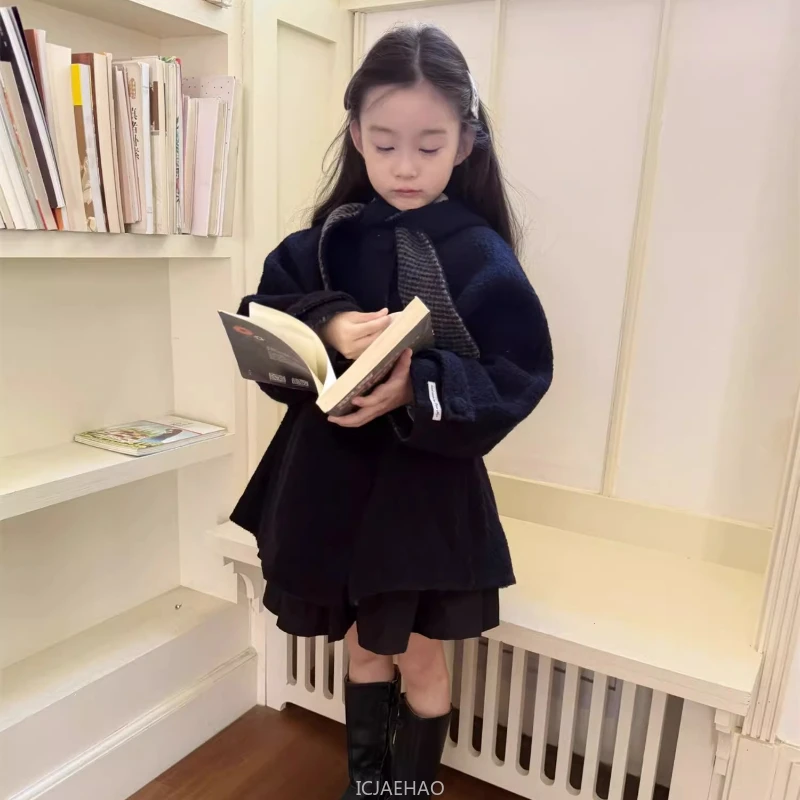 Teen Girl Clothes Kids Wool Double Faced Girls Hooded CapePlaid Handmade Costume Winter Coat Children Reversible Black Gray