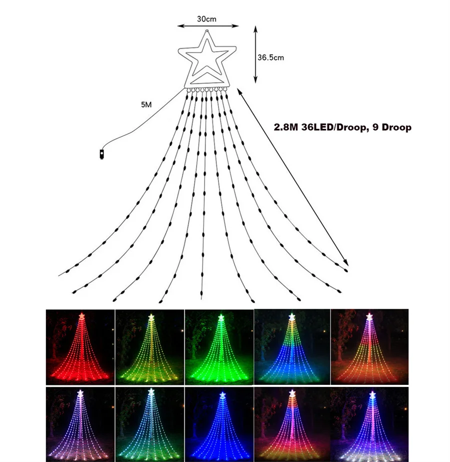 304LED Smart Christmas Tree String Light with Star Topper 2.8M Dreamcolor APP Control Waterfall Fairy Light String Garland