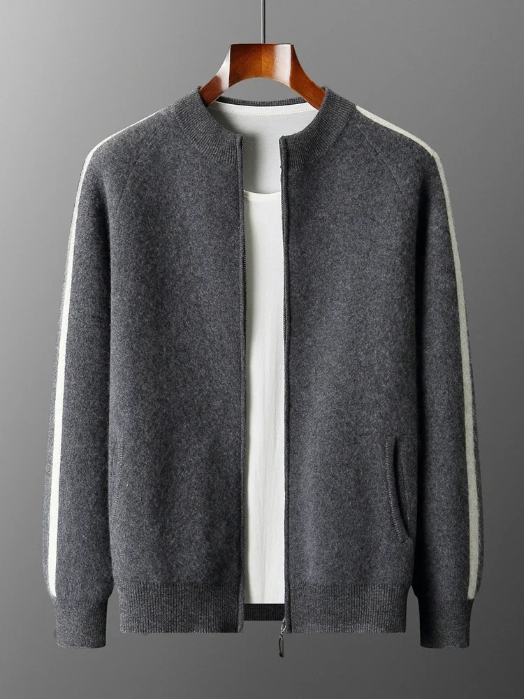 Men's Sweater Jacket 100% Merino Wool Cardigan Clothing Autumn Winter Sweater Casual Zip Warm Jacquard Color Collision Knit Coat