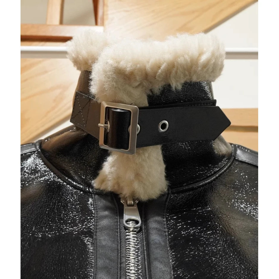 FImranch Black Faux Leather Biker Jackets For Men Women Heavy PU Lapel Fur Collar Motorcycle Fur All-in-one Warm Coat Punk Wear