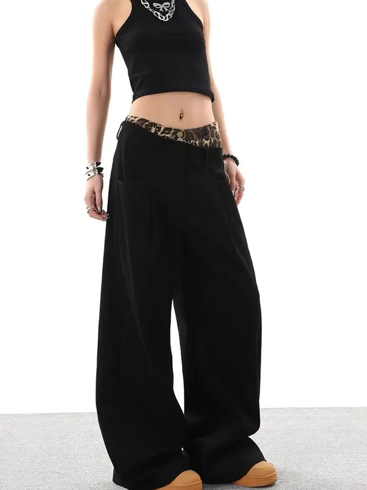 Pantalones vaqueros negros con parches y estampado de leopardo para mujer, pantalones vaqueros de pierna ancha con doble cintura Retro americana, ropa de calle informal holgada a la moda