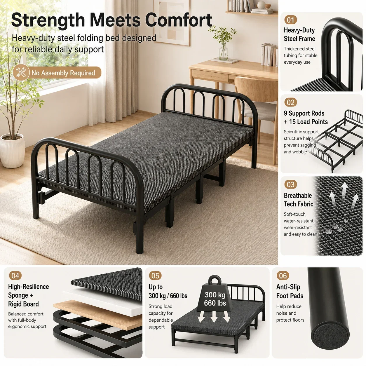 Simple Folding Bed Single With Hard Board Iron Frame For Home Adult Double Dormitory Rental Room Comfortable Sleeper