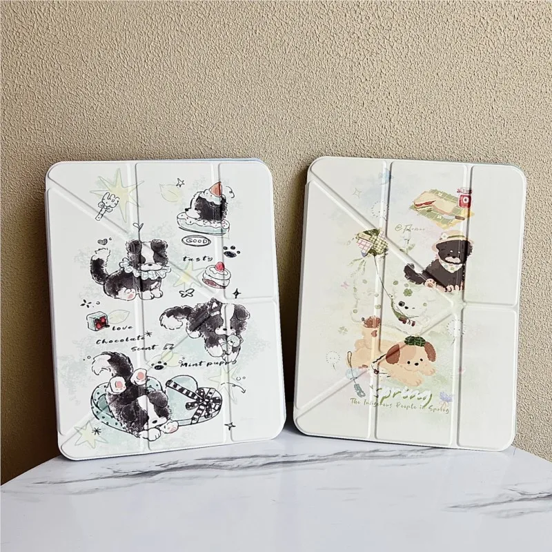 

Cute Puppy Tablet Case with Pen Holder, Tri-fold Stand & Sleep/Wake for iPad Mini 1-7 7.9/8.3in 5/6 9.7in Air(2019) 10.5in Cover