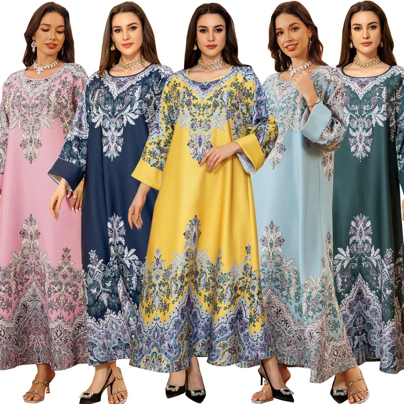 Middle Eastern Abaya Muslim Jalabiya Pullover Printed Flower Rhinestone Long Loose Maxi Abaya Robe Women's Dress