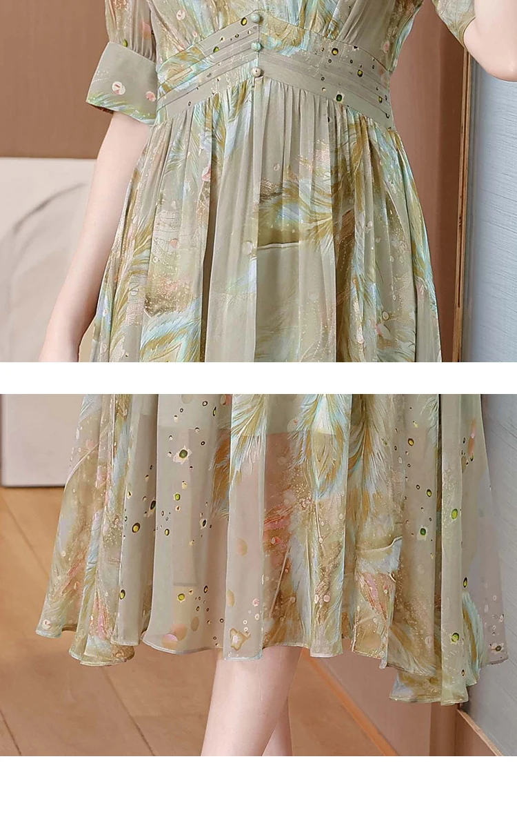 2025 Summer Print Silk Chiffon Elegant Casual Beach Dress Chic V-Neck Casual Long Boho Dress Women Bodycon Party Night Dress