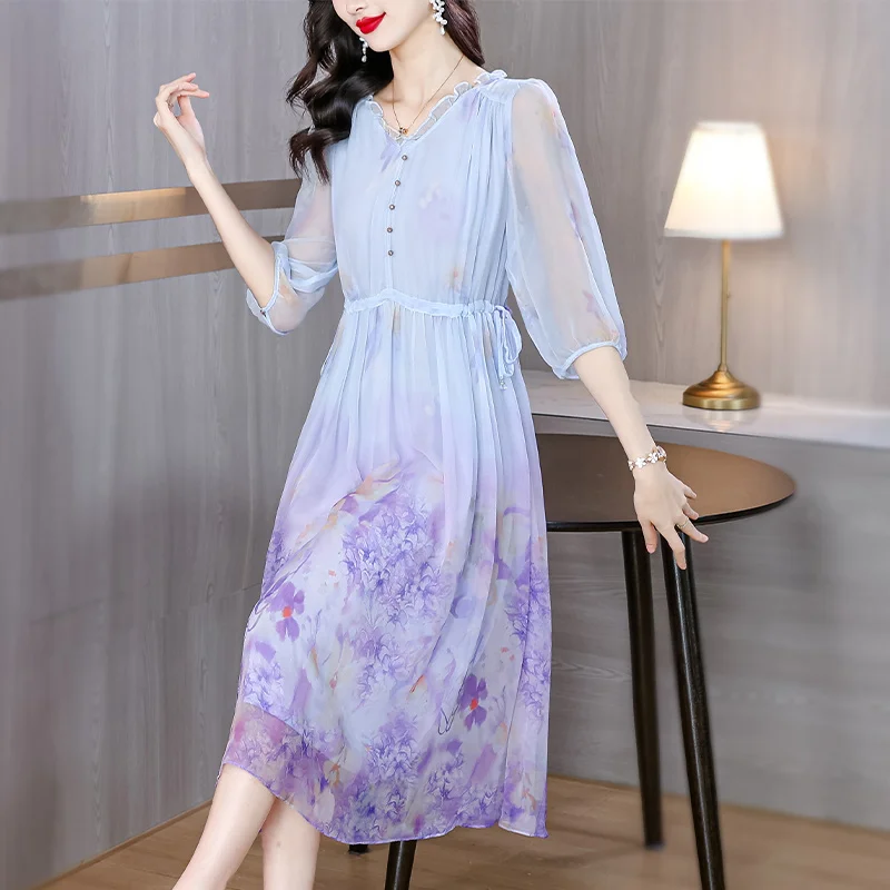 2025 Spring Formal Occasion Floral Silk Luxury Midi Dress Women Vintage Boho Beach Hepburn Prom Summer Elegant Casual Vestidos