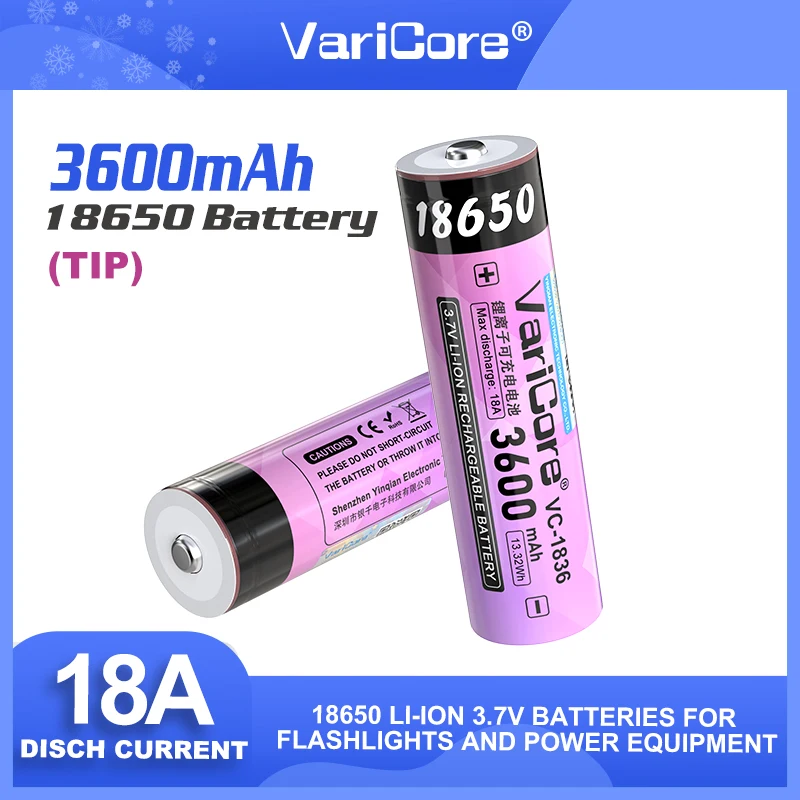 VariCore 新しいオリジナル VC-1836 + チップ 18650 バッテリー 3600mAh 3.7V 高ドレイン 18A リチウムイオン充電式懐中電灯 Vape パワーバンク用