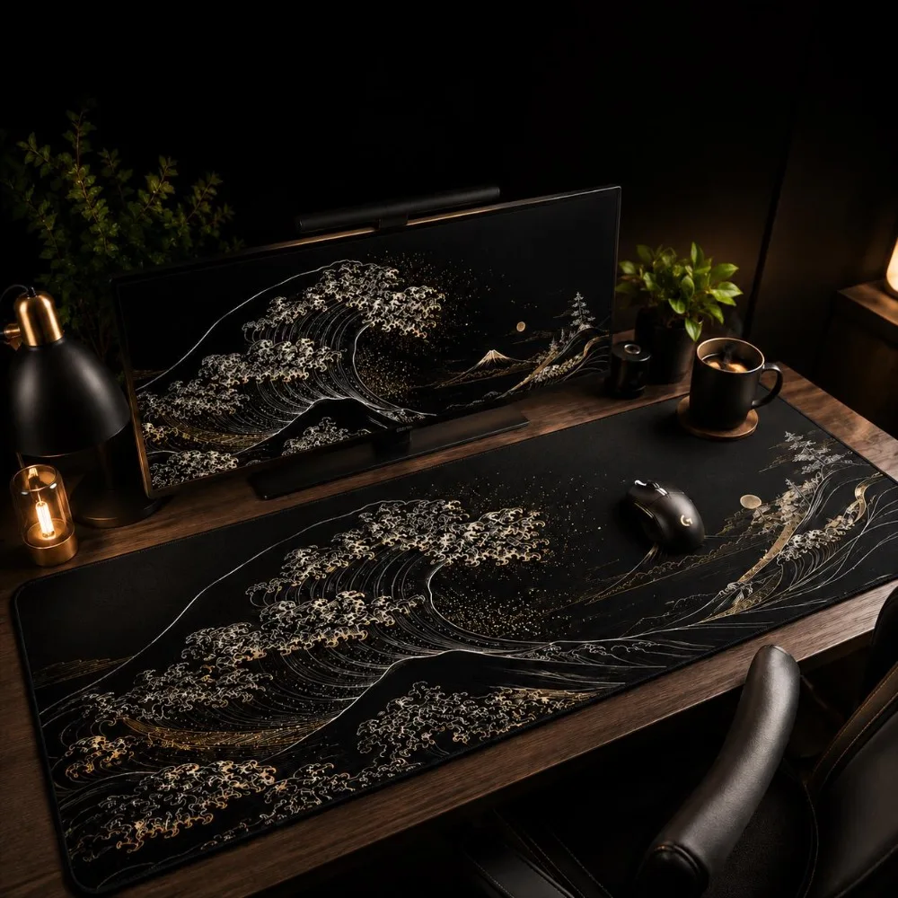 Black Gold Japanese Great Wave Desk Mat Mount Fuji Mouse Pad, Waterproof Gaming Deskmat, Non Slip Keyboard Mat, Aesthetic Office