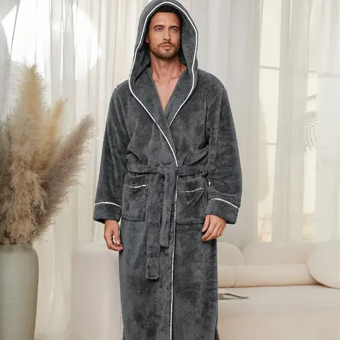 Autumn and Winter Comfortable Cotton Flannel Luxury Open Weave Couples' Sleepwear Men's Warm Bathrobe Sleepwear Nightwear