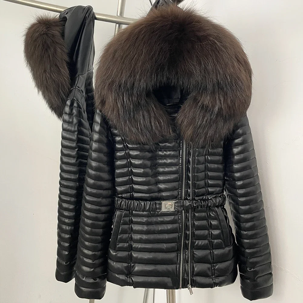 OFTBUY Damen Winter-Daunenjacke mit Echtem Pelzkragen, Gürtel, Langer Puffermantel mit Kapuze, Warme Modische Lässige Oberbekleidung – Detail 11