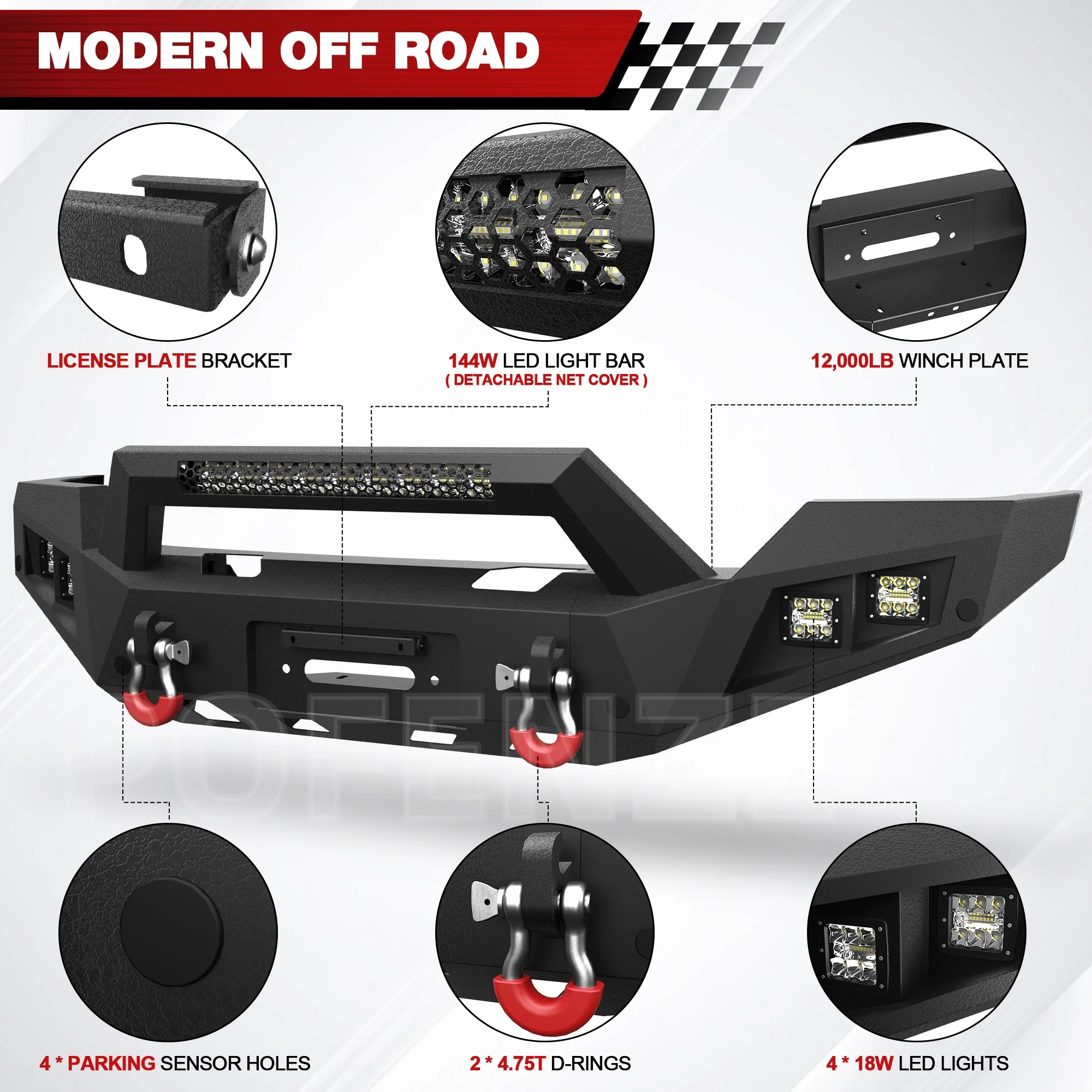Front Bumper Truck  for Chevrolet Silverado 1500 (2016-2018),  Textured Black, Includes D-rings, 144W Long Light Bar