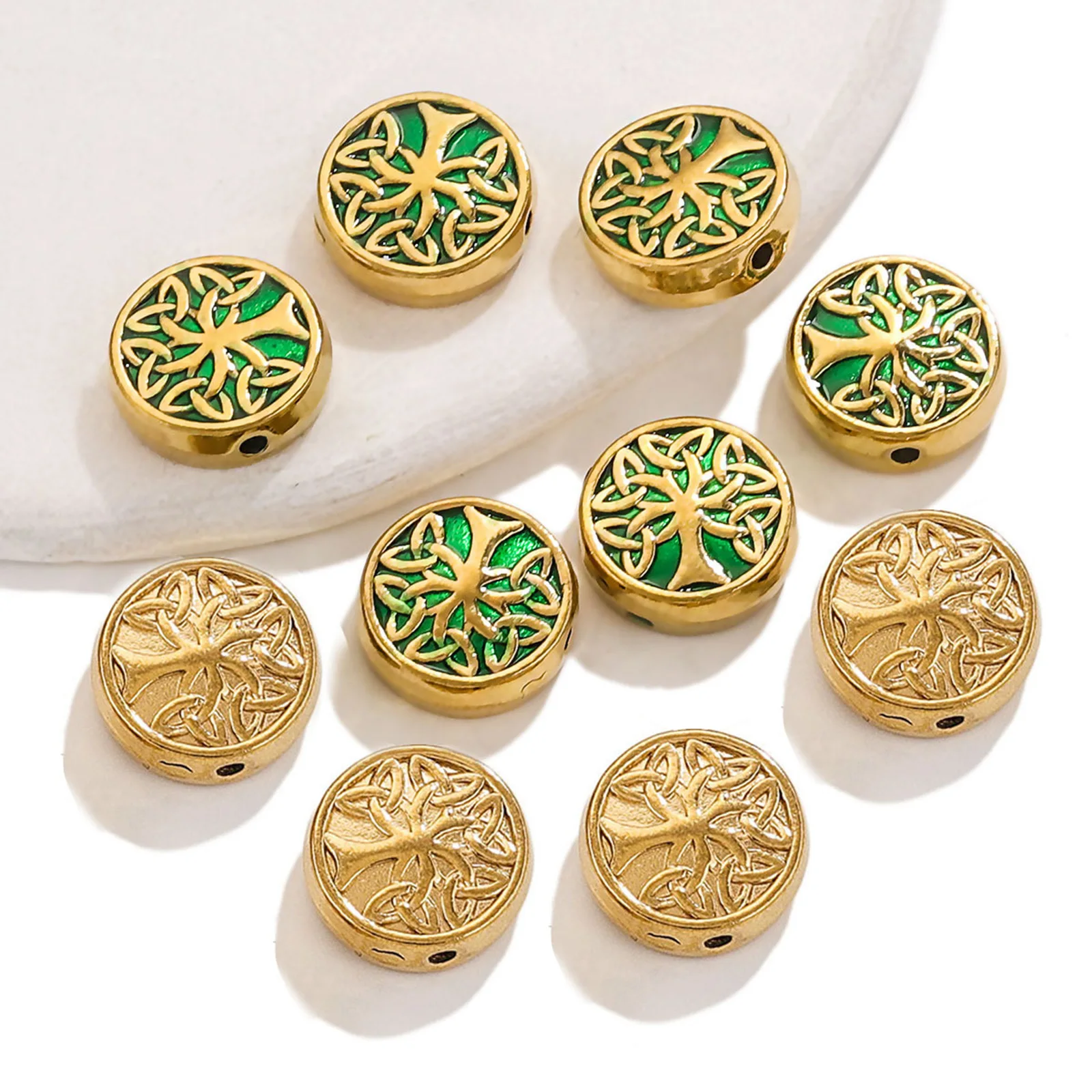 1pc 304 Stainless Steel Beads Flat Round 18K Gold Plated Tree of Life Beads For DIY Charm Jewelry Making  11mm Dia., Hole: 1.5mm