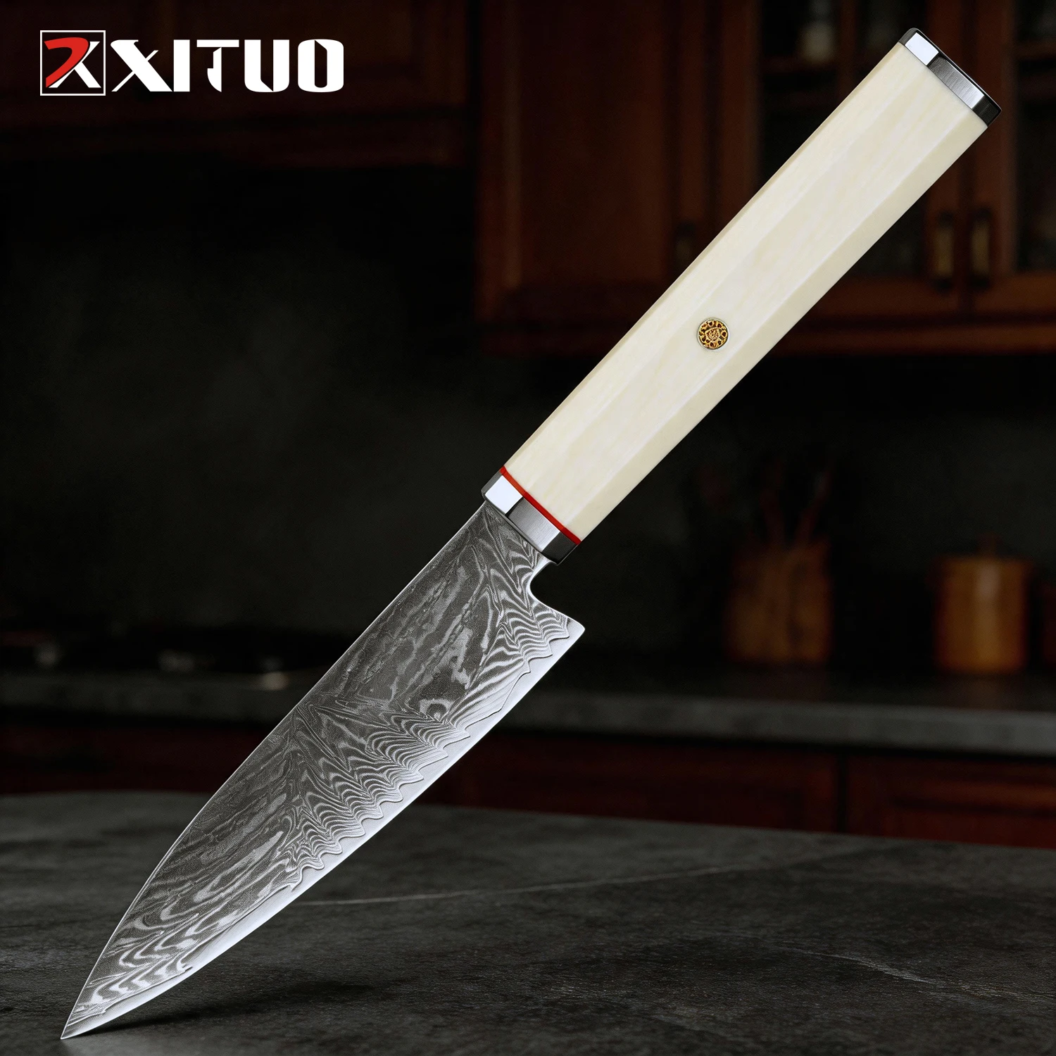 XITUO Utility Knife 5 Inch Japanese Kitchen Knife Damascus Steel, For Peeling, Slicing&Trimmin, Imitation Ivory Octagonal Handle