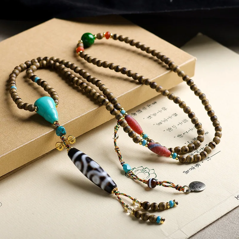 First-line yellow butter-fragrant wood multi- bracelet ornamental Dzi beads rhodochrosite and turquoise three-strand ne
