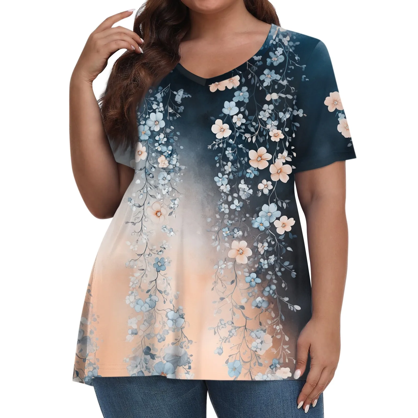 Plus size zomer losse t-shirt damesmode casual v-hals trui korte mouw groot formaat bloemen bedrukte t-shirts top