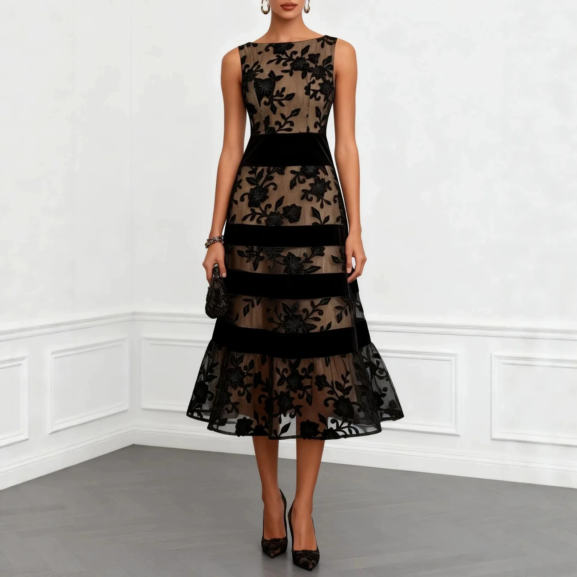 2026 Style Black Mesh Float Jacquard Machine Patchwork Slim-fit Clothes Evening Dresses Clothing Outfits Vestidos Beach