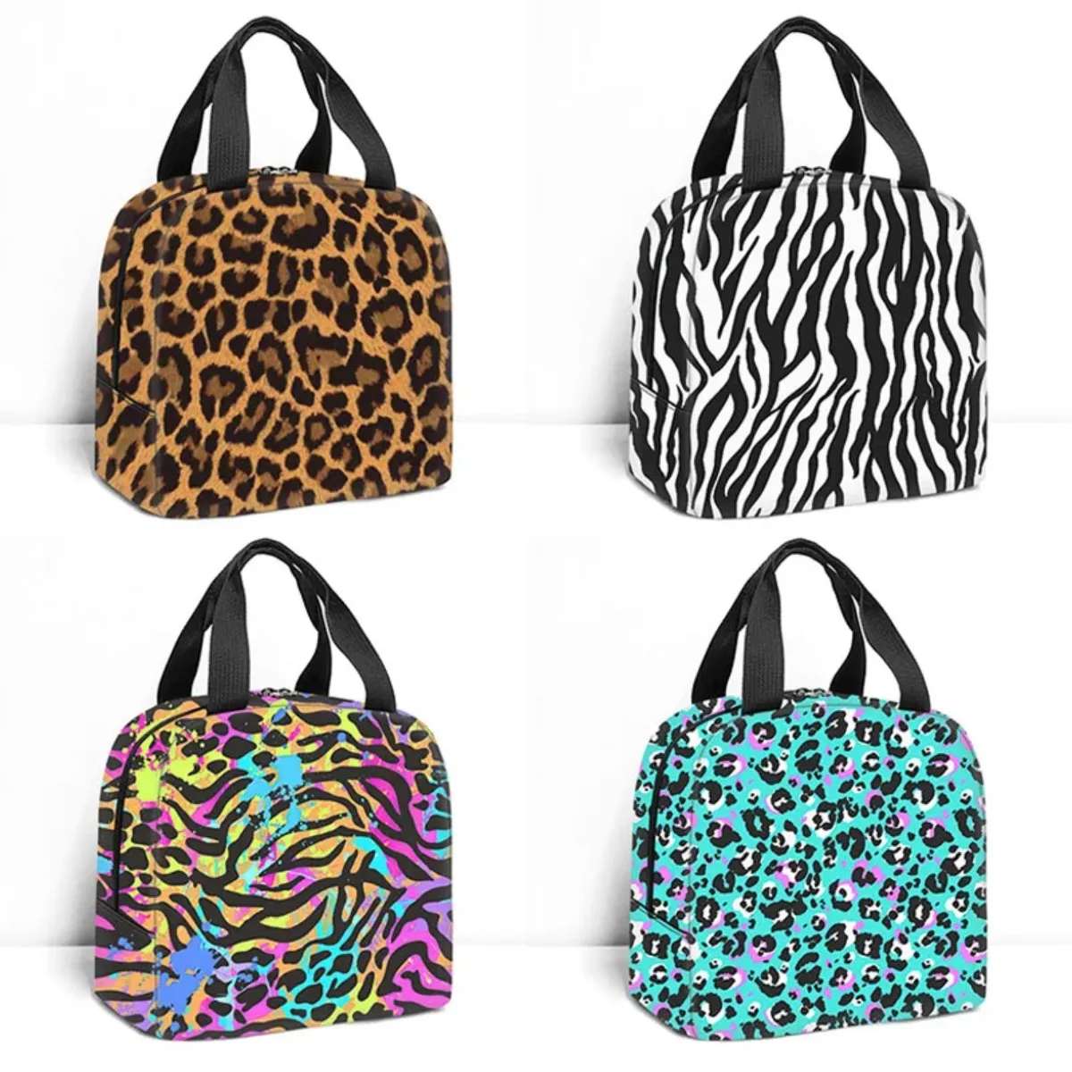 

Tiger Leopard Zebra Crocodile Stripes Print Lunch Bag Handbag Breakfast Organizer Picnic Cooler Food Bag Thermal Lunch Box