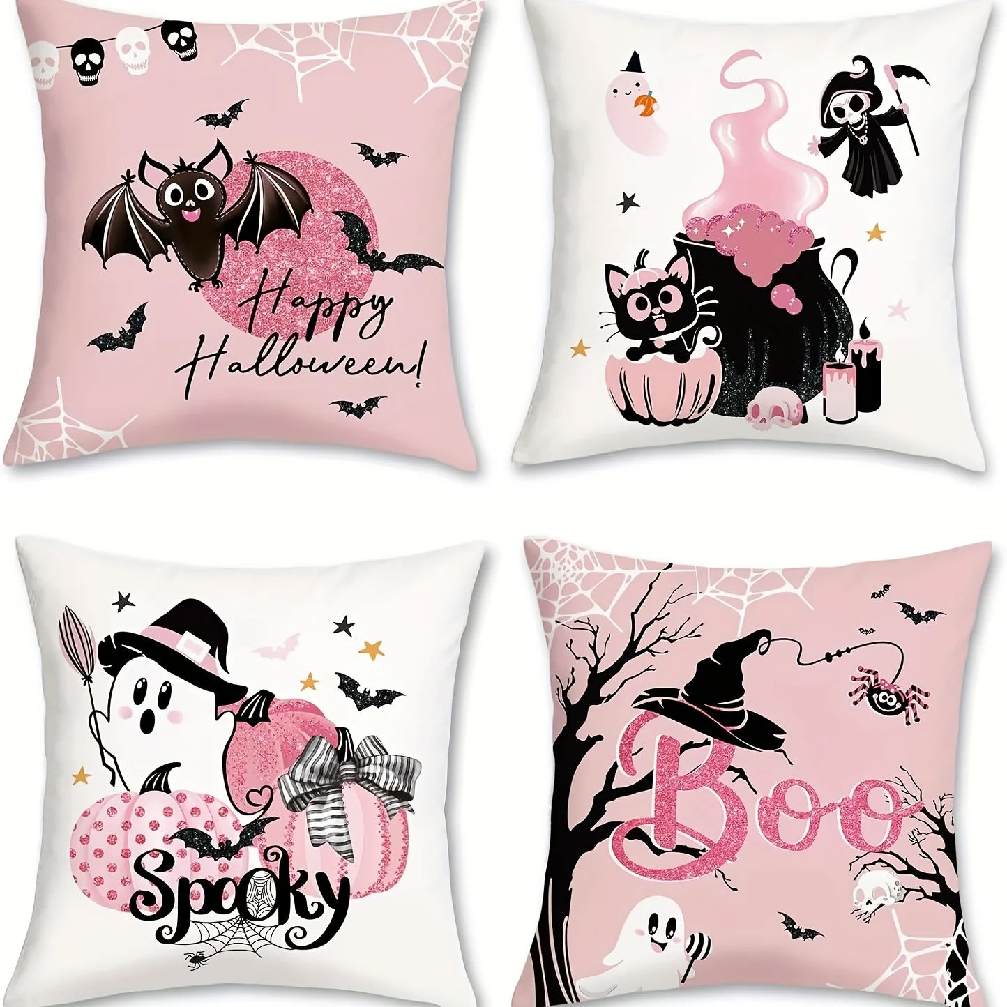 

4Pcs Halloween Pillow Covers - Spooky Pink Pumpkin/Ghost/Bat/Cat Print Cushion Covers for Sofa/Bed Decor