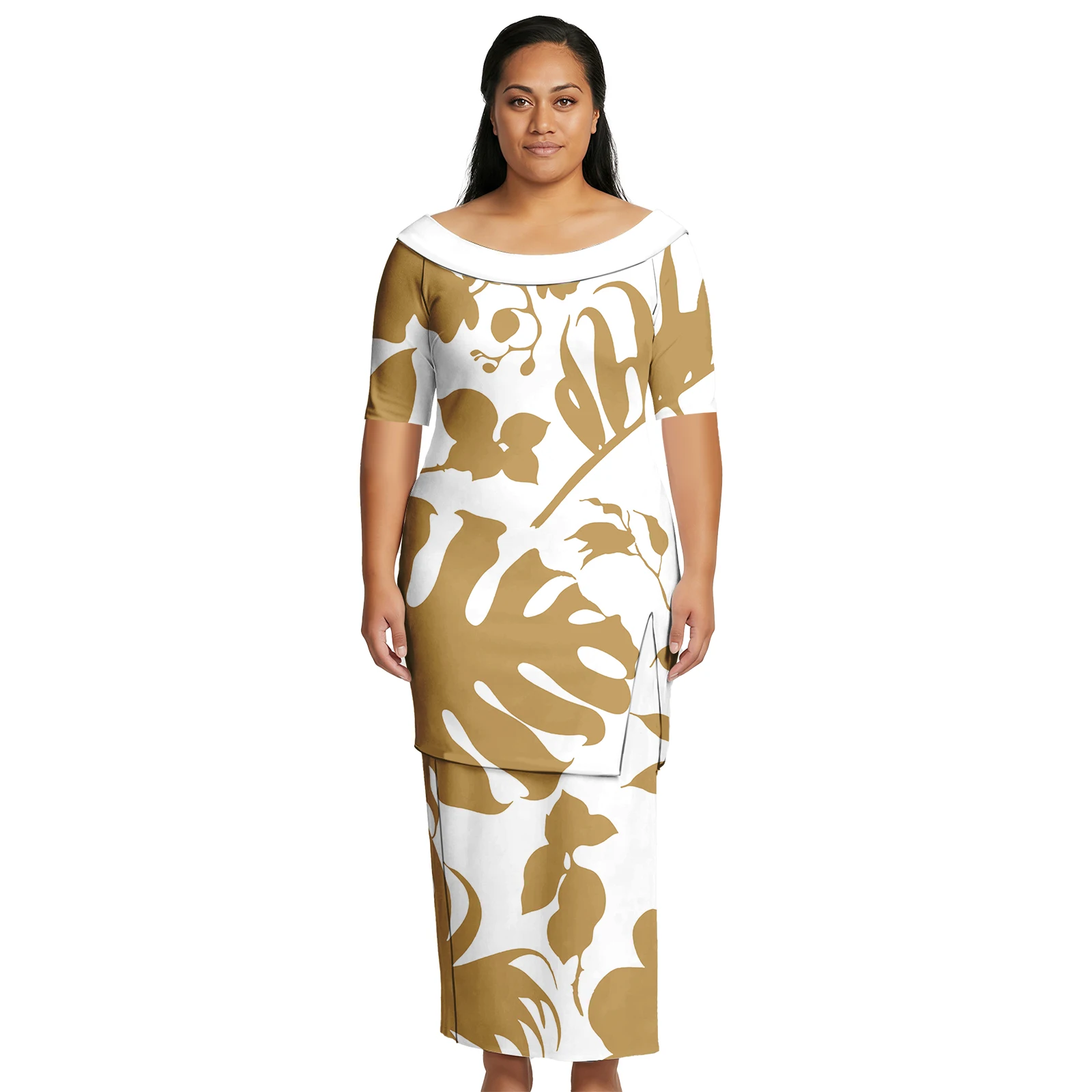 Upscale Polynesian Tribal Holiday Prom Women Puletasi Hawaiian Tropical Pattern Big Round Neck Dress Samoan Puletasi 2pcs Dress